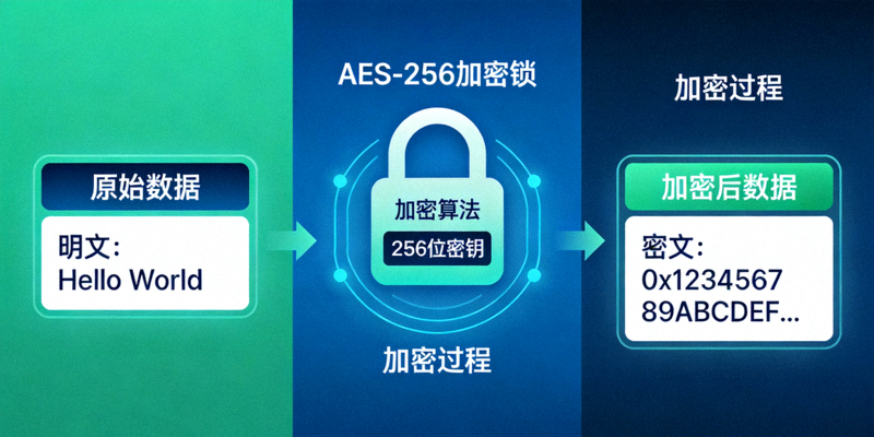 AES-256加密技术示意图 - 显示数据从明文通过加密锁变为密文的过程