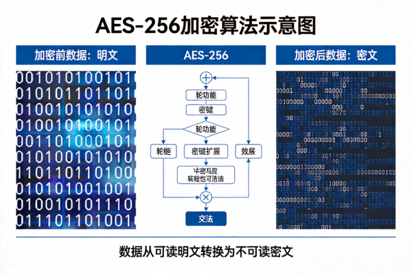 AES-256加密算法示意图，展示数据在加密前后变为不可读的密文