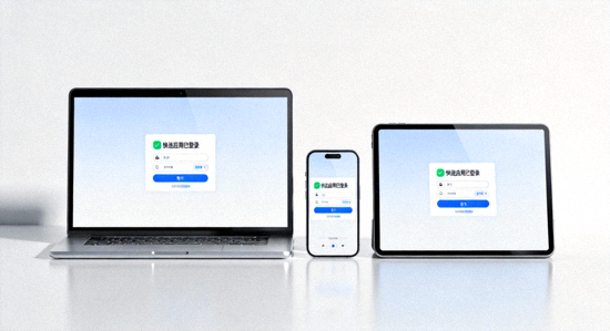 笔记本电脑、智能手机和平板电脑屏幕上同时显示快连应用已登录的界面