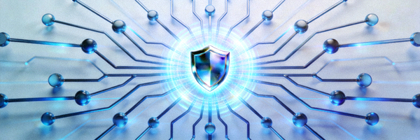 抽象的网络连接图，中心有安全盾牌保护