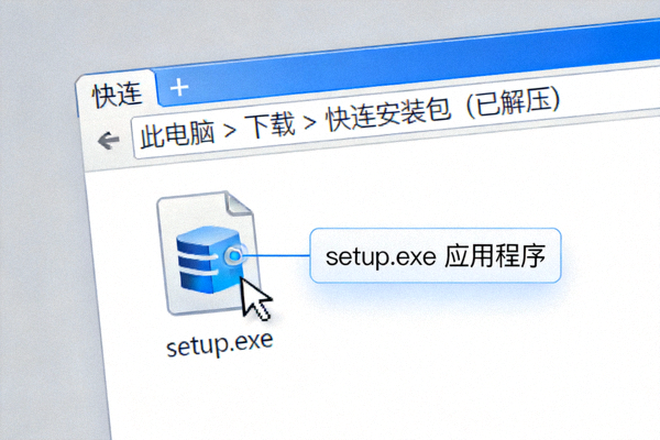 Windows文件资源管理器窗口，显示已解压的快连安装文件夹，鼠标指针悬停在setup.exe文件上