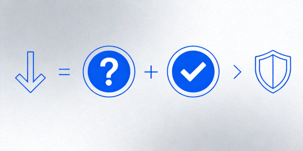 一个问号图标与对勾图标并列，背景是下载箭头与盾牌